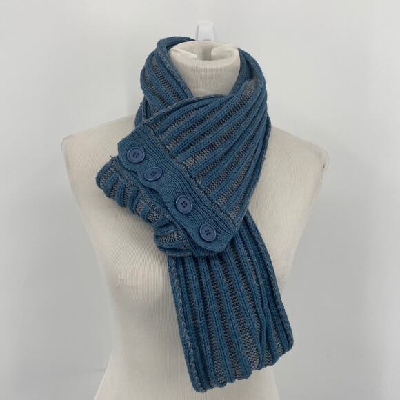 Unbranded Blue & Gray Knit Scarf with 4 Blue Buttons - Picture 1 of 6